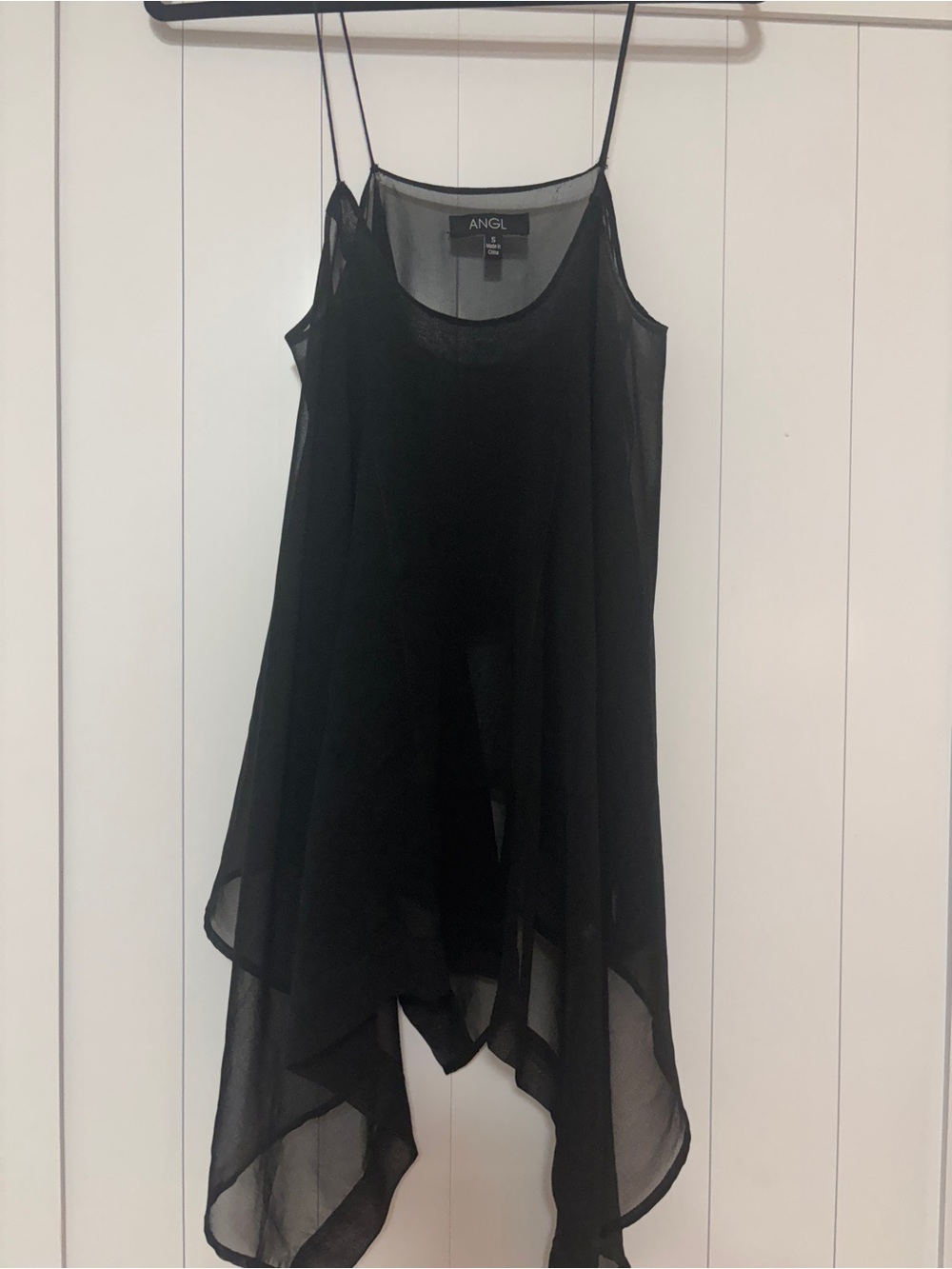 ANGL Black Asymmetrical Chiffon Camisole Top Flowy Handkerchief Hem goth small